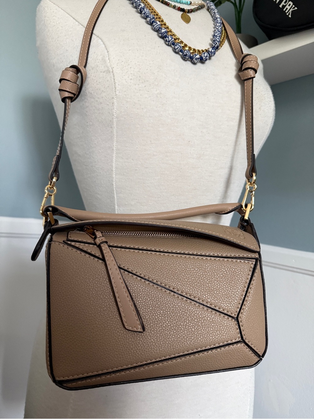 Taupe Geometric Leather Crossbody Bag / Puzzle Bag